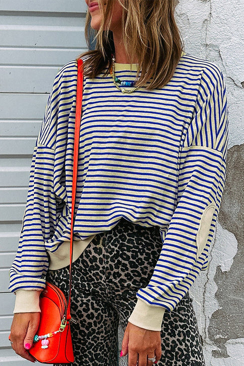 Striped Ribbed Contrast Trim Elbow Patch Drop Shoulder Sweatshirt