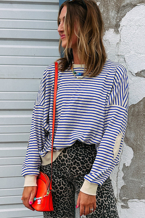 Striped Ribbed Contrast Trim Elbow Patch Drop Shoulder Sweatshirt
