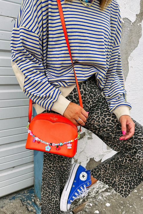 Striped Ribbed Contrast Trim Elbow Patch Drop Shoulder Sweatshirt