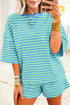 Striped Ribbed Cotton Chest Patch Two Piece Short Set