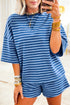 Striped Ribbed Cotton Chest Patch Two Piece Short Set