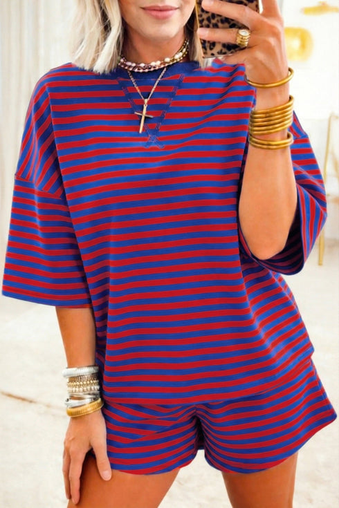 Striped Ribbed Cotton Chest Patch Two Piece Short Set