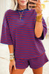 Striped Ribbed Cotton Chest Patch Two Piece Short Set