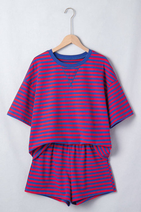 Striped Ribbed Cotton Chest Patch Two Piece Short Set