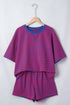 Striped Ribbed Cotton Chest Patch Two Piece Short Set