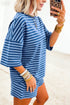 Striped Ribbed Cotton Chest Patch Two Piece Short Set