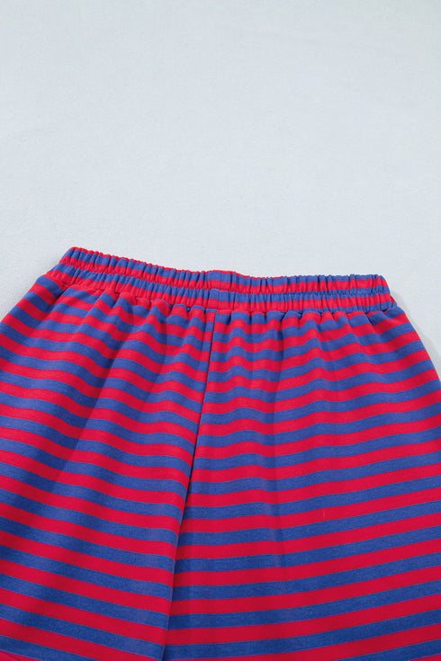 Striped Ribbed Cotton Chest Patch Two Piece Short Set