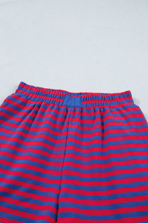 Striped Ribbed Cotton Chest Patch Two Piece Short Set