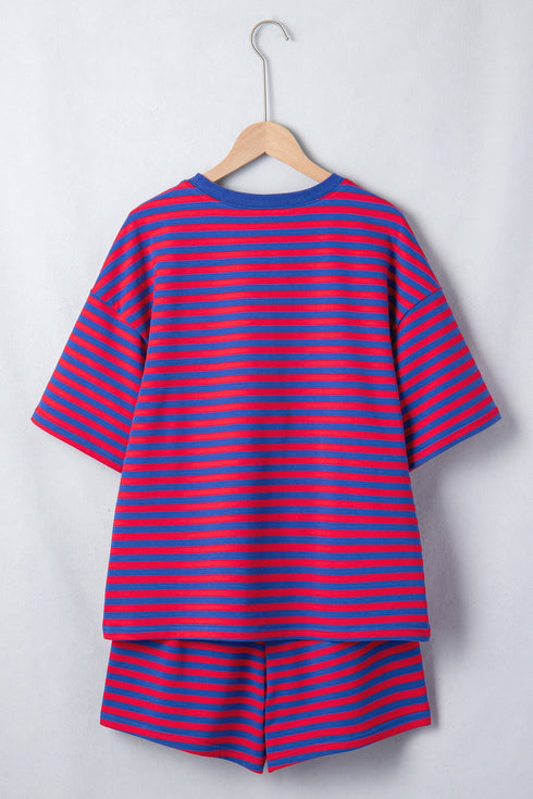 Striped Ribbed Cotton Chest Patch Two Piece Short Set