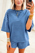 Striped Ribbed Cotton Chest Patch Two Piece Short Set
