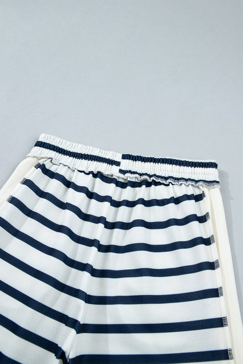 Striped Ribbed Cuff Collar Pocket Loose Pant Set