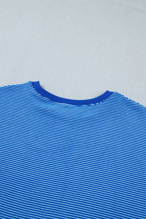 Striped Ribbed Cuff Hem Seam Long Sleeve Pullover Top