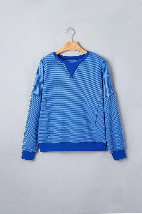 Striped Ribbed Cuff Hem Seam Long Sleeve Pullover Top