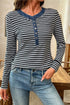 Striped Ribbed Denim Collar Half Button Long Sleeve Top