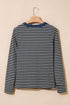Striped Ribbed Denim Collar Half Button Long Sleeve Top