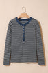 Striped Ribbed Denim Collar Half Button Long Sleeve Top