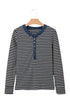 Striped Ribbed Denim Collar Half Button Long Sleeve Top
