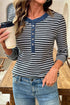 Striped Ribbed Denim Collar Half Button Long Sleeve Top
