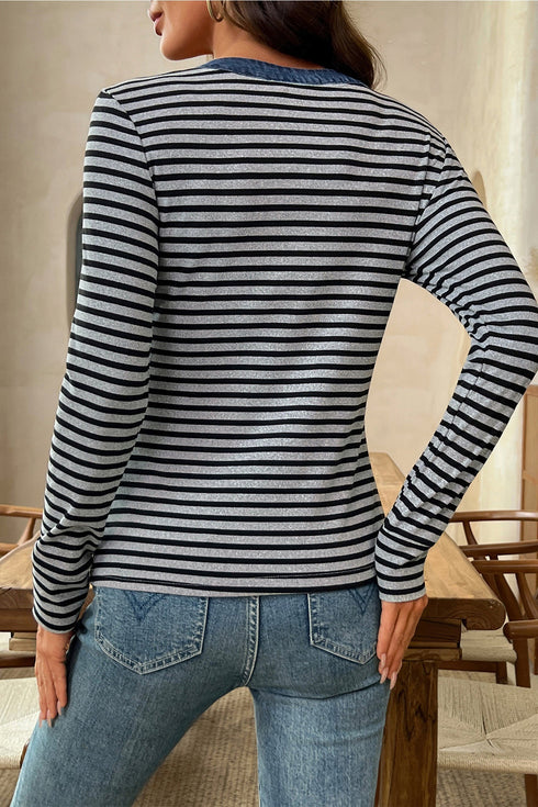 Striped Ribbed Denim Collar Half Button Long Sleeve Top