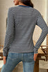 Striped Ribbed Denim Collar Half Button Long Sleeve Top