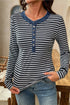 Striped Ribbed Denim Collar Half Button Long Sleeve Top