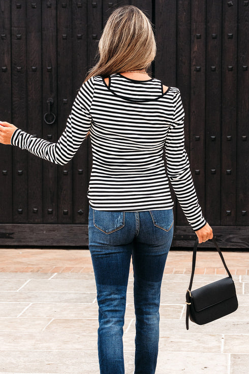 Striped Ribbed Double Layer Cold Shoulder Long Sleeve Top