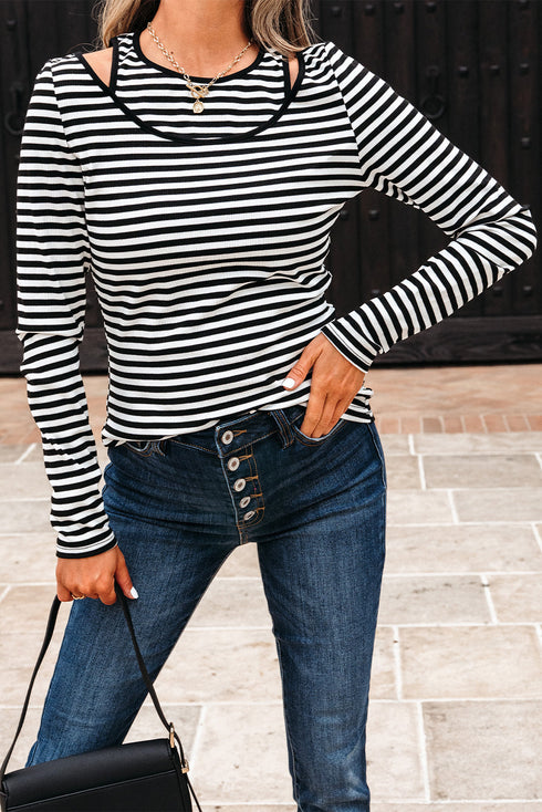 Striped Ribbed Double Layer Cold Shoulder Long Sleeve Top