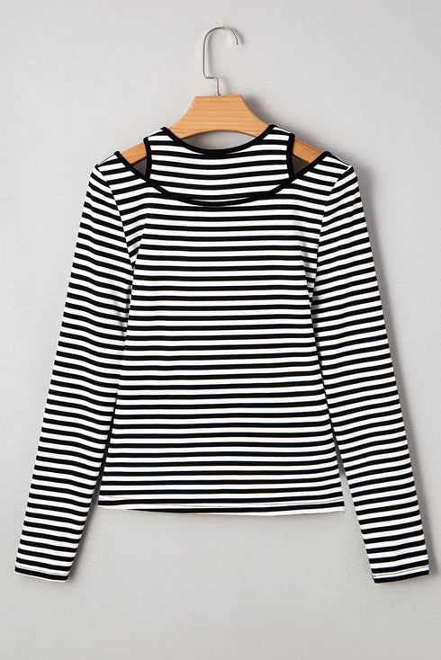 Striped Ribbed Double Layer Cold Shoulder Long Sleeve Top