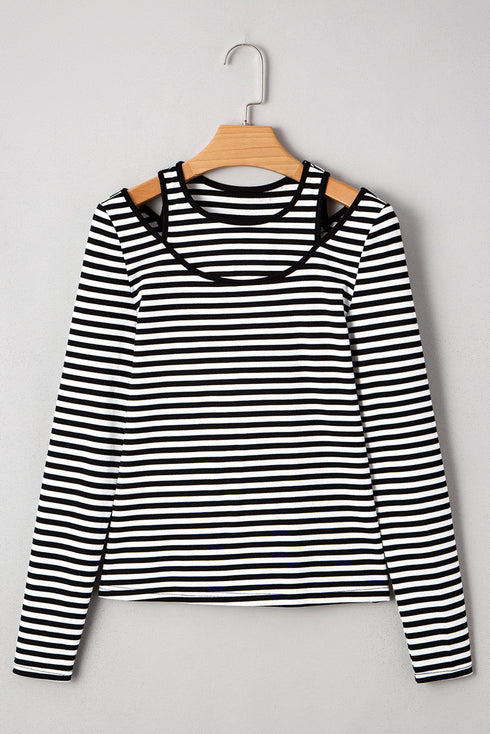 Striped Ribbed Double Layer Cold Shoulder Long Sleeve Top
