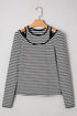 Striped Ribbed Double Layer Cold Shoulder Long Sleeve Top