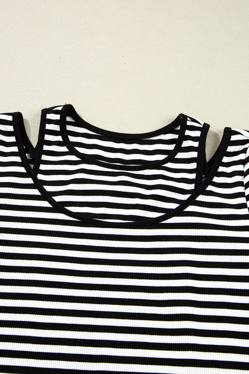Striped Ribbed Double Layer Cold Shoulder Long Sleeve Top