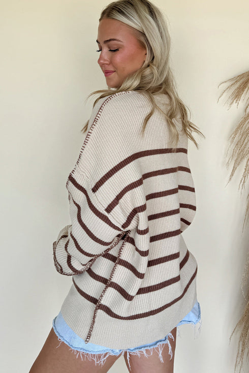 Striped Ribbed Henley Drop Shoulder Slouchy Sweater