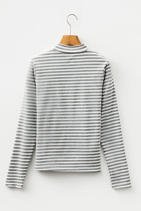 Striped Ribbed High Neck Slim Fit Long Sleeve Top