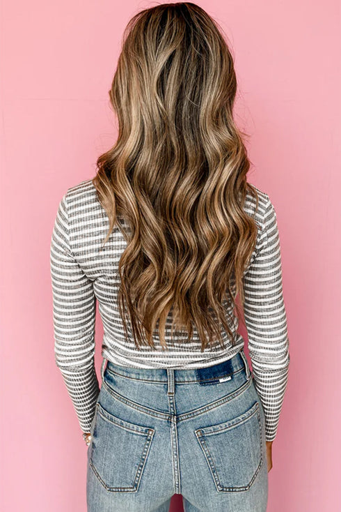 Striped Ribbed High Neck Slim Fit Long Sleeve Top