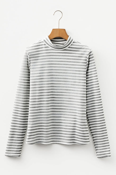 Striped Ribbed High Neck Slim Fit Long Sleeve Top