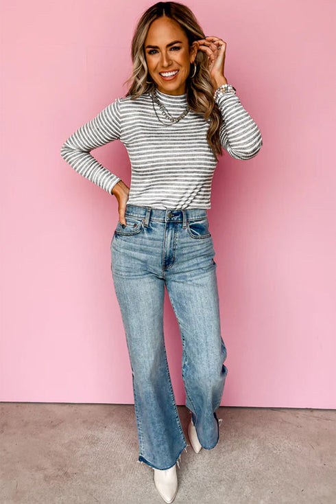 Striped Ribbed High Neck Slim Fit Long Sleeve Top