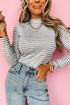 Striped Ribbed High Neck Slim Fit Long Sleeve Top