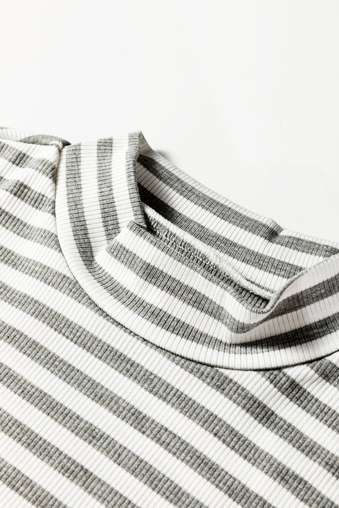 Striped Ribbed High Neck Slim Fit Long Sleeve Top