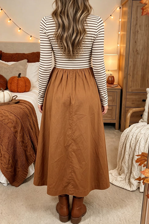 Striped Ribbed Knit Bodice Patchwork Flared Maxi Dress