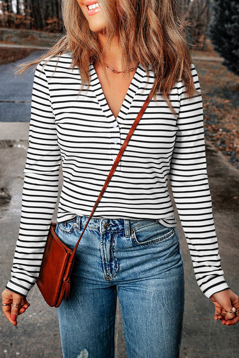 Striped Ribbed Knit Button Front Long Sleeve Henley Top