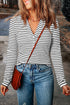 Striped Ribbed Knit Button Front Long Sleeve Henley Top