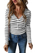 Striped Ribbed Knit Button Front Long Sleeve Henley Top
