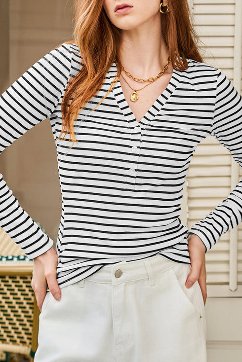 Striped Ribbed Knit Button Front Long Sleeve Henley Top