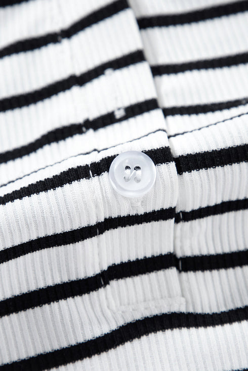 Striped Ribbed Knit Button Front Long Sleeve Henley Top