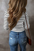 Striped Ribbed Knit Button Front Long Sleeve Henley Top