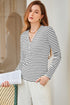 Striped Ribbed Knit Button Front Long Sleeve Henley Top