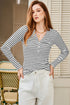 Striped Ribbed Knit Button Front Long Sleeve Henley Top
