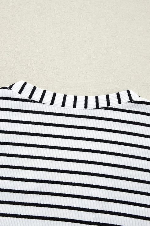 Striped Ribbed Knit Button Front Long Sleeve Henley Top