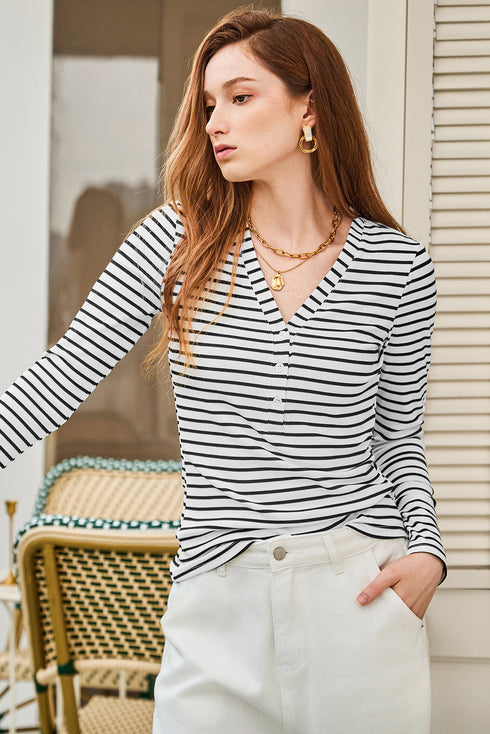 Striped Ribbed Knit Button Front Long Sleeve Henley Top