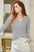Striped Ribbed Knit Button Front Long Sleeve Henley Top